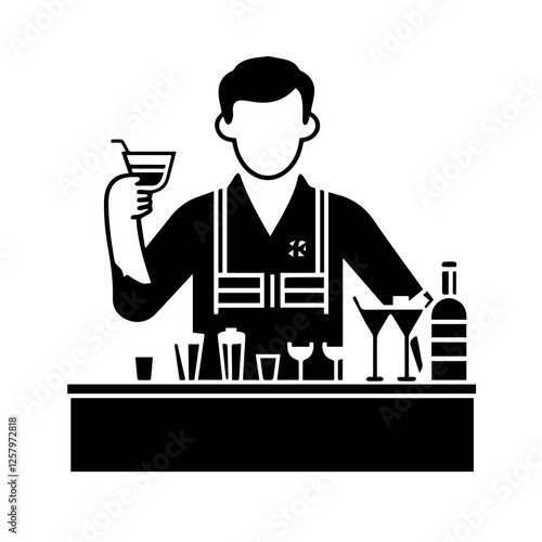 Black and white illustration of a bartender at the bar counter. Male bartender.