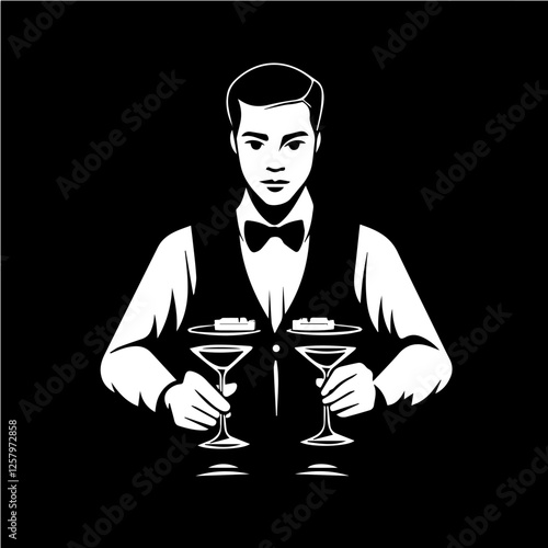 Black and white illustration of a bartender at the bar counter. Male bartender.