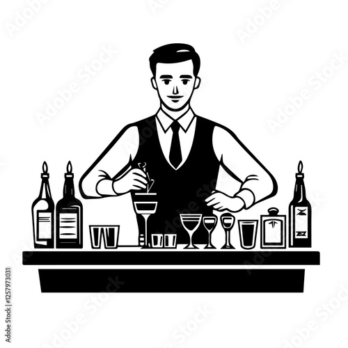Black and white illustration of a bartender at the bar counter. Male bartender.