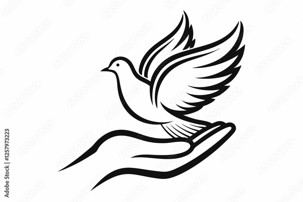 Obraz premium One-Line Dove in Flight – Peaceful Minimalist Silhouette Vector, Modern Line Art Dove Perched on Hand – Minimalist Peace Symbol Vector.