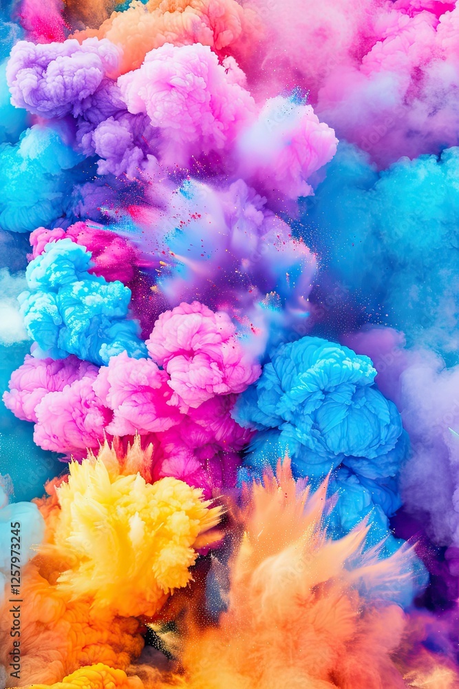 Fototapeta premium Vibrant Clouds of Color Envelop Participants During Holi Festival Celebration in India, Showcasing Joy and Cultural Richness