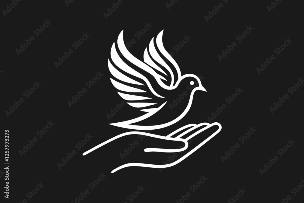 Obraz premium One-Line Dove in Flight – Peaceful Minimalist Silhouette Vector, Modern Line Art Dove Perched on Hand – Minimalist Peace Symbol Vector.