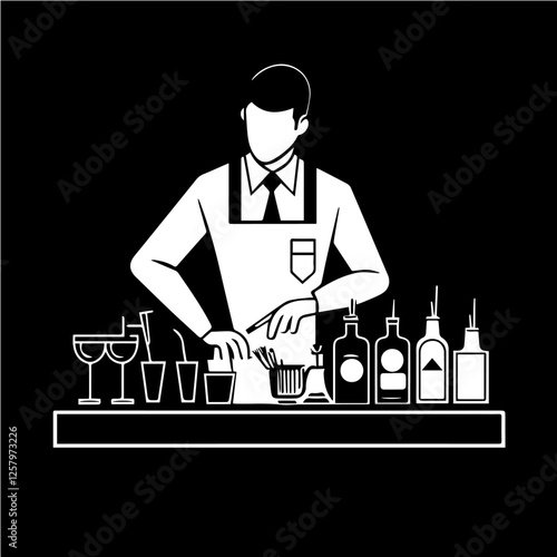 Black and white illustration of a bartender at the bar counter. Male bartender.