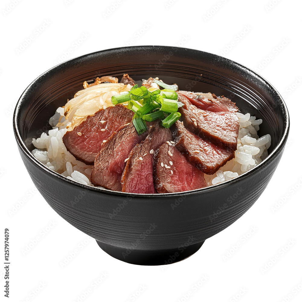 Delicious beef and rice bowl with green onions on a black background. Delicious beef and rice bowl with green onions on a black background.