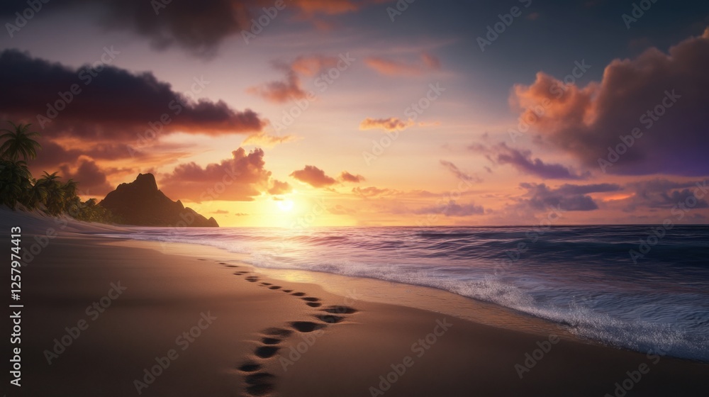 A stunning golden hour sunset at the beach, the horizon illuminated with deep oranges and purples, soft waves shimmering under the fading sunlight, A stunning golden hour sunset at the beach, the horizon illuminated with deep oranges and purples, soft waves shimmering under the fading sunlight,