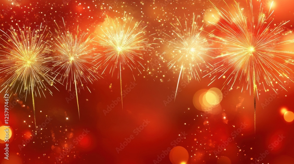 Fototapeta premium Festive Chinese background. New Year asian backdrop with gold fireworks. Red vector holiday banner