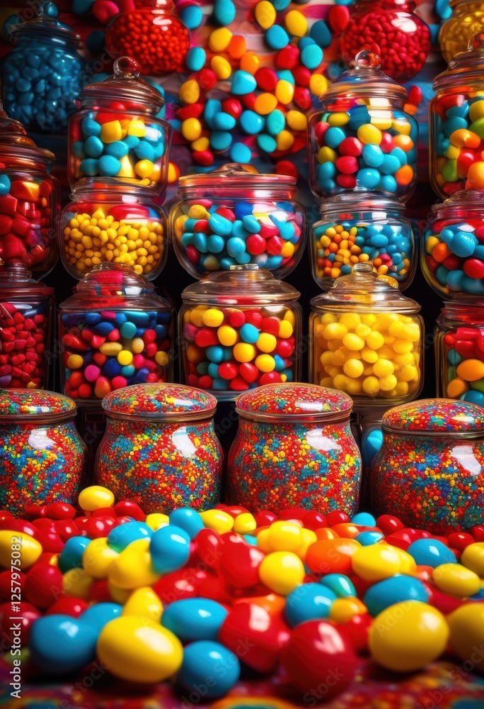 vibrant candy jars displayed colorful arrangement lively backdrops eye catching designs, sweets, treats, presentation, decor, bakery, filling, container vibrant candy jars displayed colorful arrangement lively backdrops eye catching designs, sweets, treats, presentation, decor, bakery, filling, container