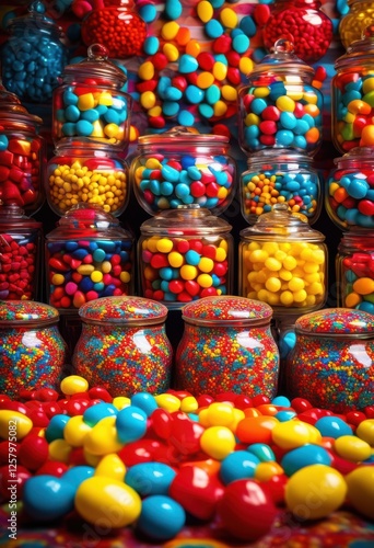 vibrant candy jars displayed colorful arrangement lively backdrops eye catching designs, sweets, treats, presentation, decor, bakery, filling, container photo