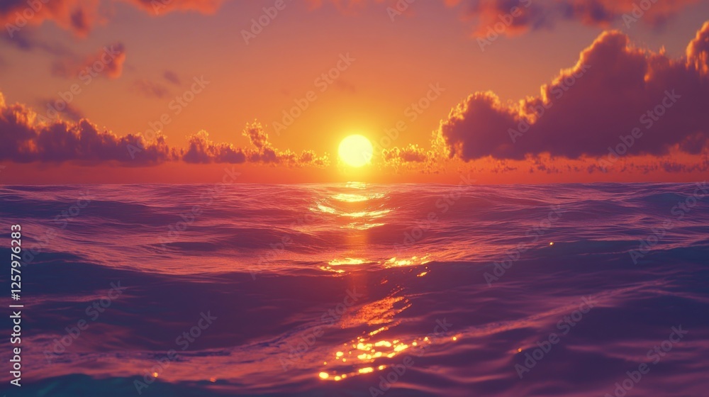 Fototapeta premium Ocean sunset, calm waves, vibrant sky, tranquil scene, travel backdrop