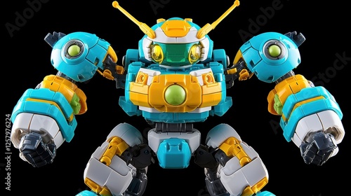 Colorful Futuristic Robot Toy Action Pose Teal Yellow White Studio Shot photo