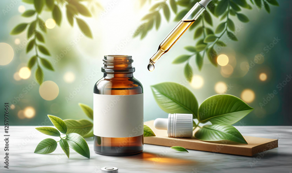 Braune Flasche für ätherische Öle oder medizinische Essenzen mit Pipette und blanko Etikett, Hintergrund Bokeh, copy space Braune Flasche für ätherische Öle oder medizinische Essenzen mit Pipette und blanko Etikett, Hintergrund Bokeh, copy space
