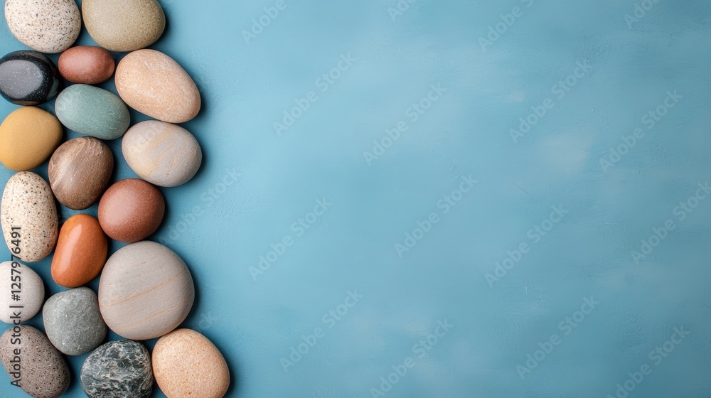 Mindfulness and meditation method Mindfulness and meditation method, A serene arrangement of smooth stones against a light blue background, evoking a calming and natural ambiance.