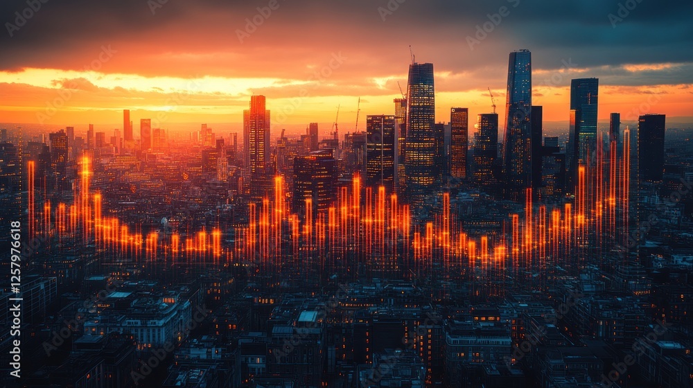 Fototapeta premium A stunning sunset over a city skyline with digital graphs illustrating market trends and data