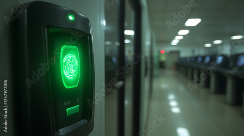 A biometric scanner with a green light is mounted on the wall, indicating access in a high-tech environment with computers in the background photo