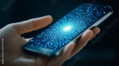 Wallpaper Mural Close up view of a hand holding a mobile device with a glowing network of light blue dots and lines on the screen, dark background, showcasing Torontodigital.ca