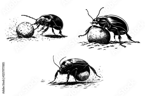 Three detailed dung beetle illustrations.