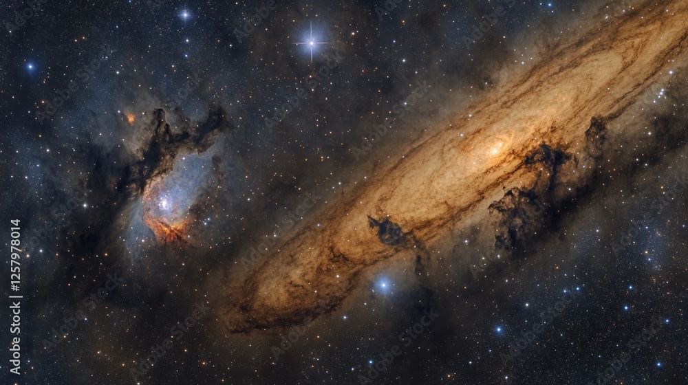Fototapeta premium Cosmic Interaction Galaxy collision, star formation, space dust, nebulae, background stars, astronomy image