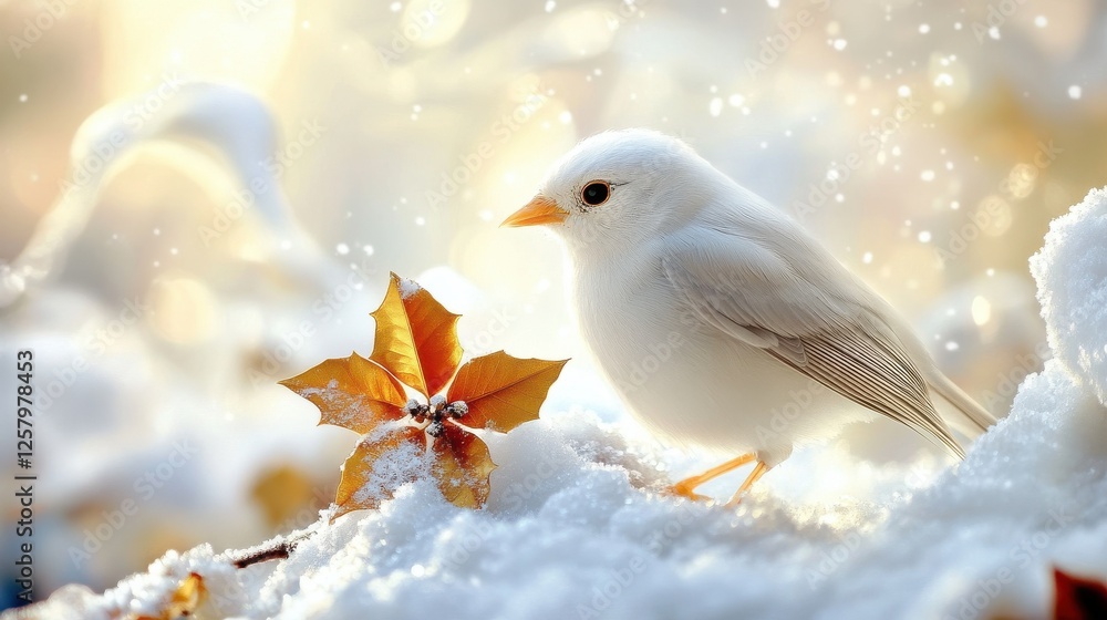 Obraz premium White christmas with snow - white bird and golden flower in snow