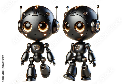 Cute 3D Black Robot AI with Golden Eyes and Side View isolated on white background