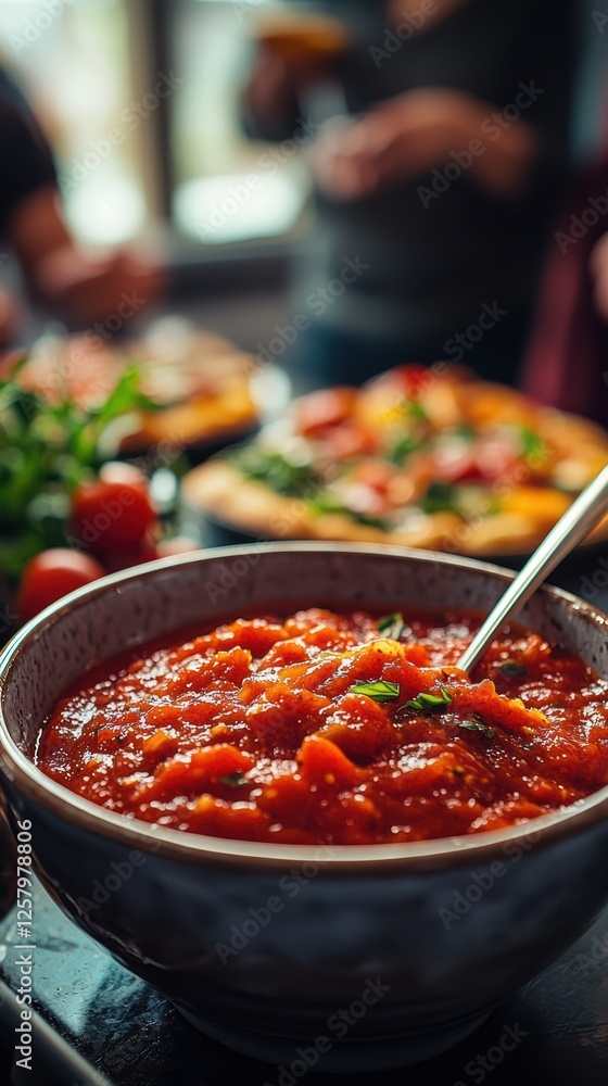 Homemade tomato sauce in a cozy kitchen gathering