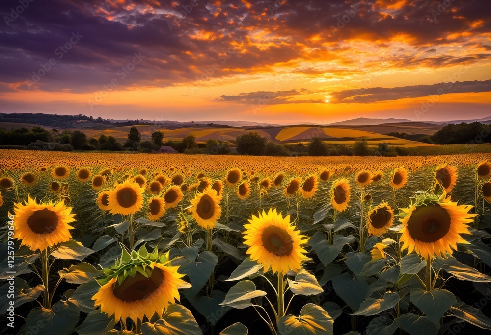 Obraz premium stunning vast sunflower fields under dusk sky featuring golden blossoms soft hues evoking serenity natural beauty, bloom, landscape, horizon, colors, petals