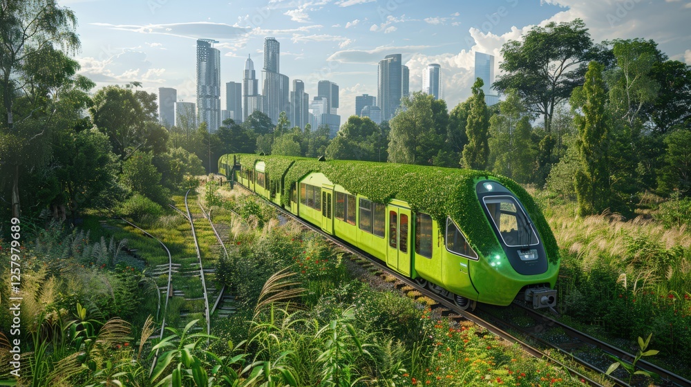 Naklejka premium Futuristic eco-friendly train covered with green vegetation moving through lush landscape toward modern city skyline. Sustainable transportation integrating nature technology for cleaner urban.