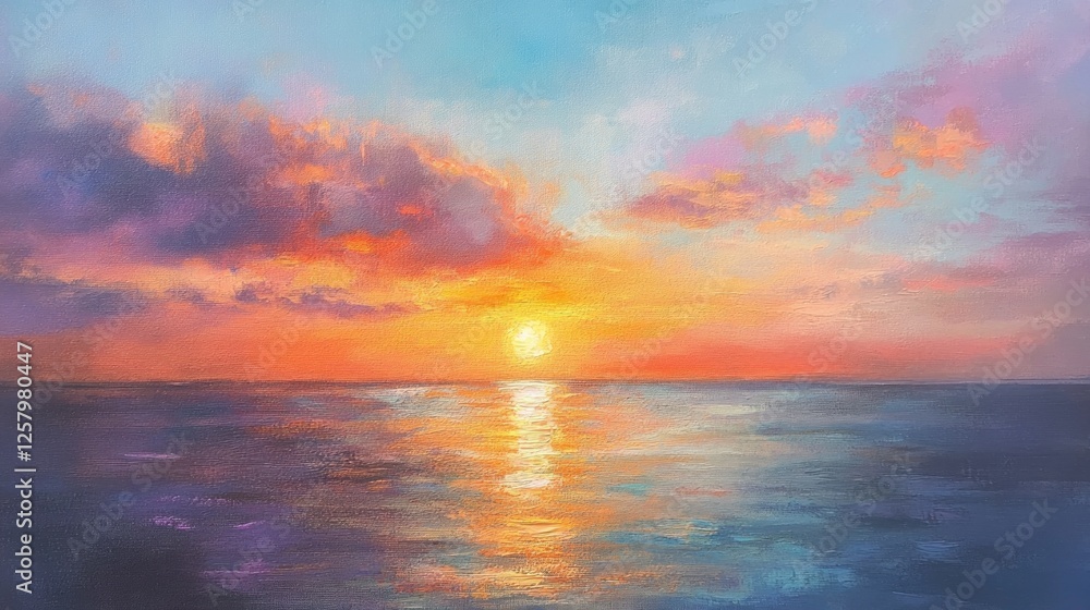 Vibrant sunset over calm ocean; idyllic coastal scene, perfect for travel brochures Vibrant sunset over calm ocean; idyllic coastal scene, perfect for travel brochures