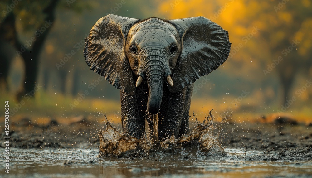 Fototapeta premium Young Elephant Charging Through Muddy Water