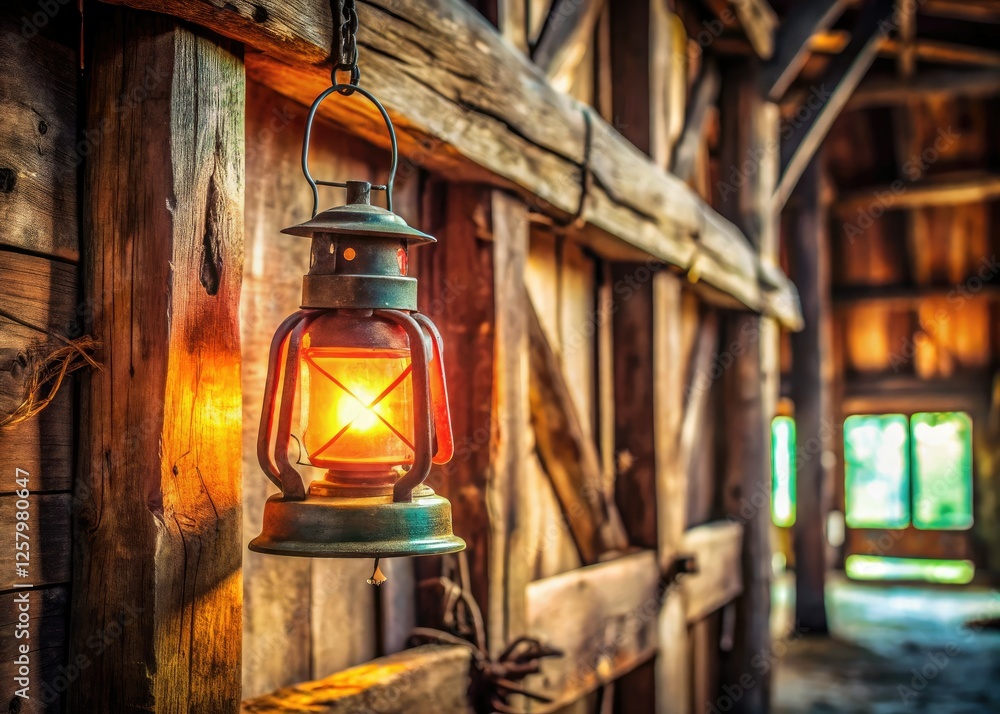 Naklejka premium Rustic farmhouse charm: vintage barn lights illuminate old barns; industrial-style lantern photography.
