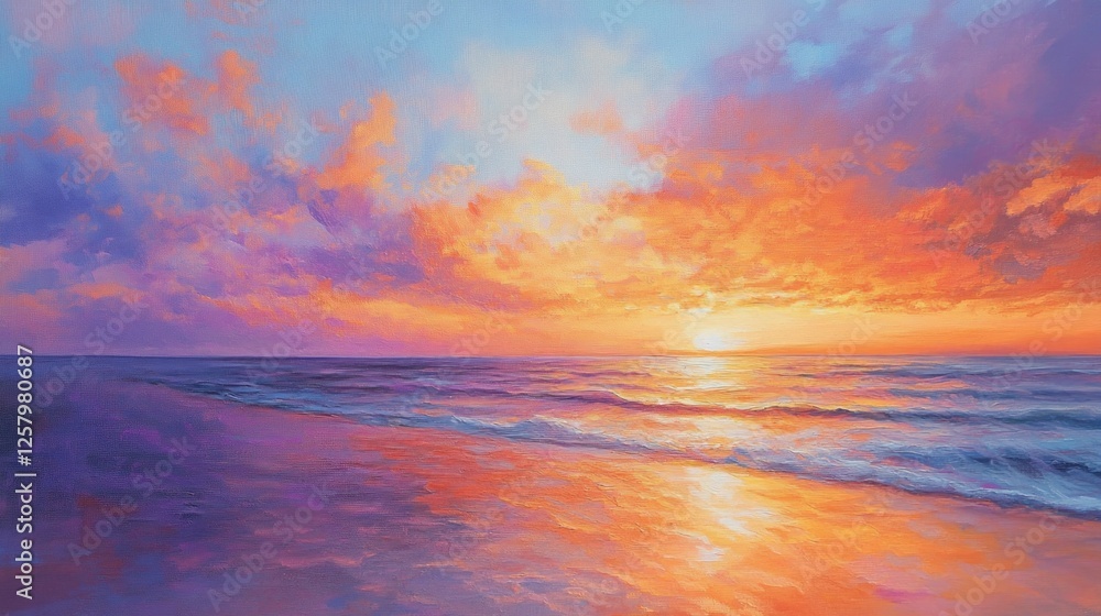 Obraz premium Vibrant sunset over tranquil ocean beach