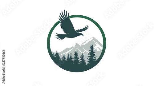 Eagle soars over scenic mountains & forest. Logo for conservation, outdoor adventure, nature tourism photo