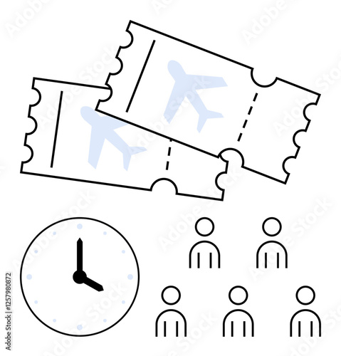 Two airplane tickets, a clock showing time, and six human figures representing a group. Ideal for themes of travel, time management, teamwork, planning, transportation, scheduling, and coordination