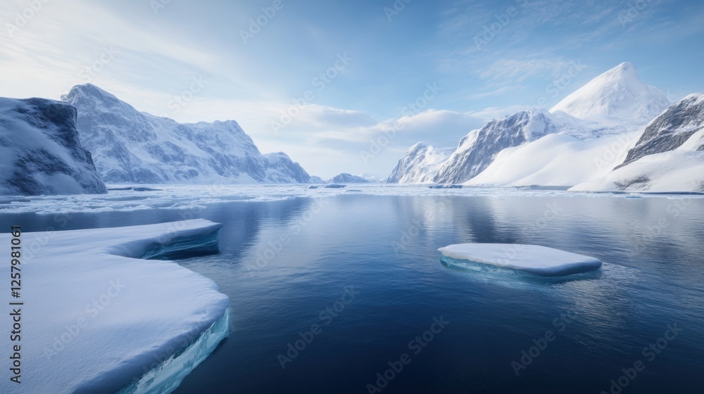 A stunning wide-angle shot of an icy polar landscape, large floating ice sheets drifting in a glassy blue sea, the sky glowing with subtle arctic light, 