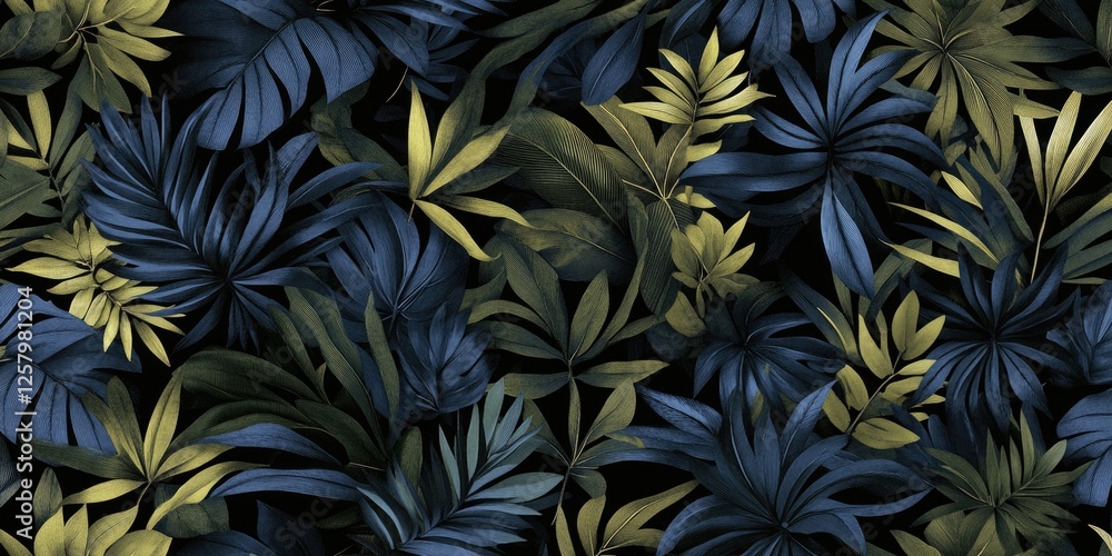 A seamless pattern of dark green and navy blue tropical leaves, with subtle yellow highlights on the edges, creating an elegant texture for interior wallpaper or textile design. A seamless pattern of dark green and navy blue tropical leaves, with subtle yellow highlights on the edges, creating an elegant texture for interior wallpaper or textile design.