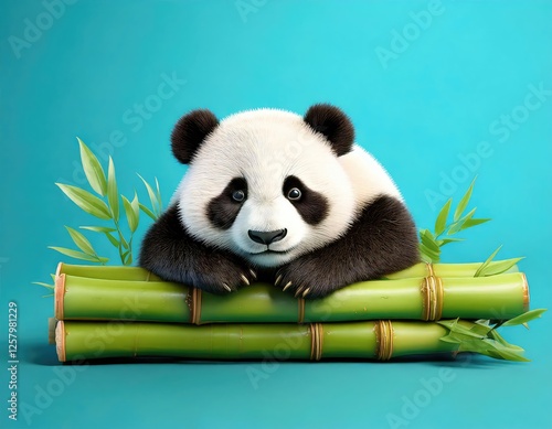 Adorable Panda Cub Resting on Bamboo: A Whimsical Illustration photo
