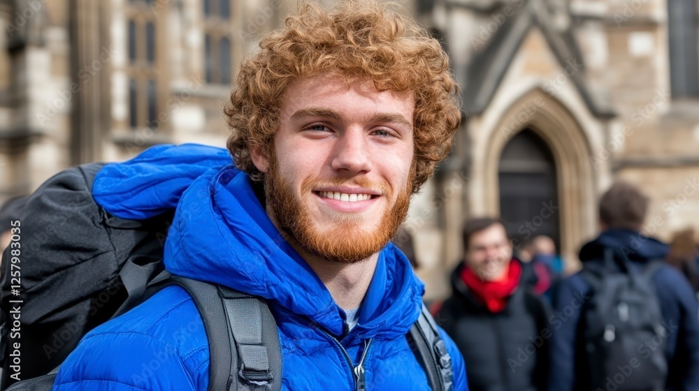 Smiling young man with curly red hair and a beard, wearing a blue hooded jacket and a backpack. He is standing outdoors in front of a stone building Smiling young man with curly red hair and a beard, wearing a blue hooded jacket and a backpack. He is standing outdoors in front of a stone building