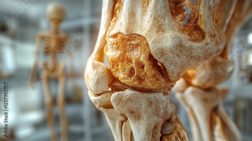 Close-up view of a human knee joint model in a medical display, with an anatomical skeleton in the background