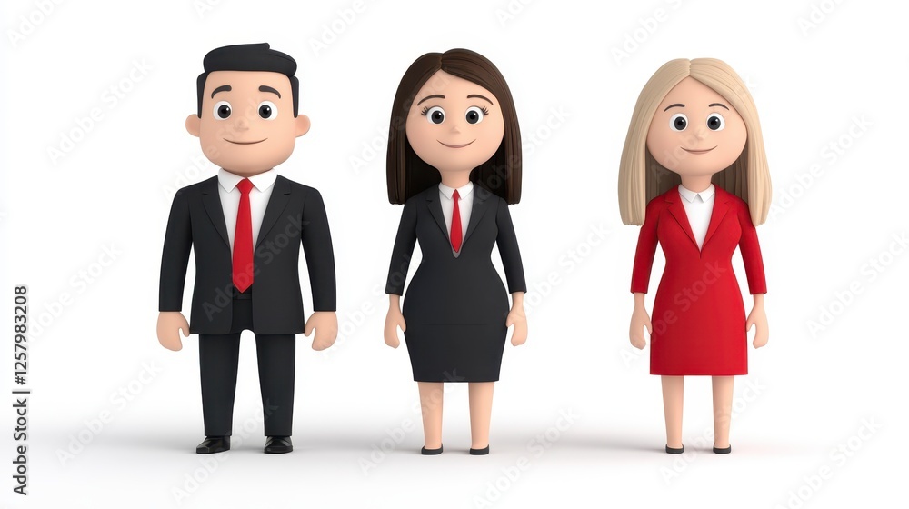 Three cartoon businesspeople stand in a row against a white background. The figures are stylized with simple shapes and block colors. The person in Three cartoon businesspeople stand in a row against a white background. The figures are stylized with simple shapes and block colors. The person in