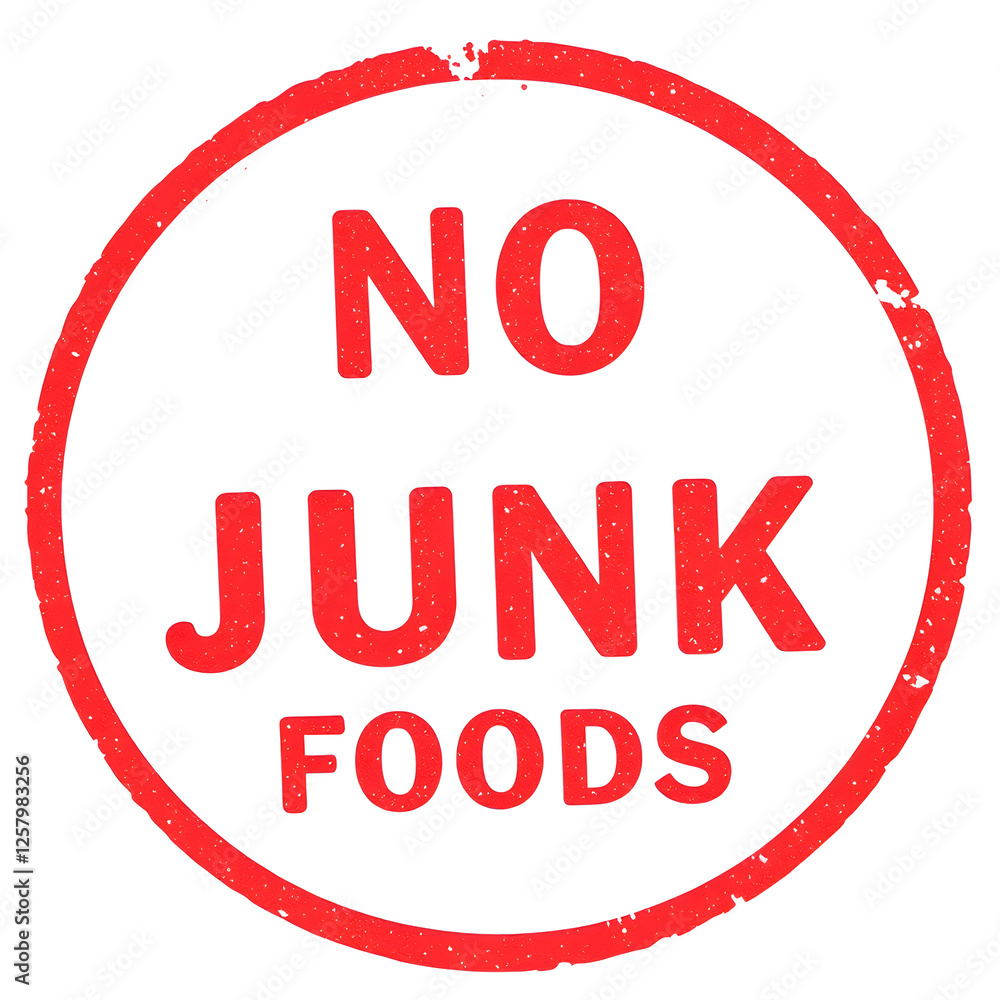 No Junk Foods text stamp red rubber stamp on white background. Generative AI No Junk Foods text stamp red rubber stamp on white background. Generative AI