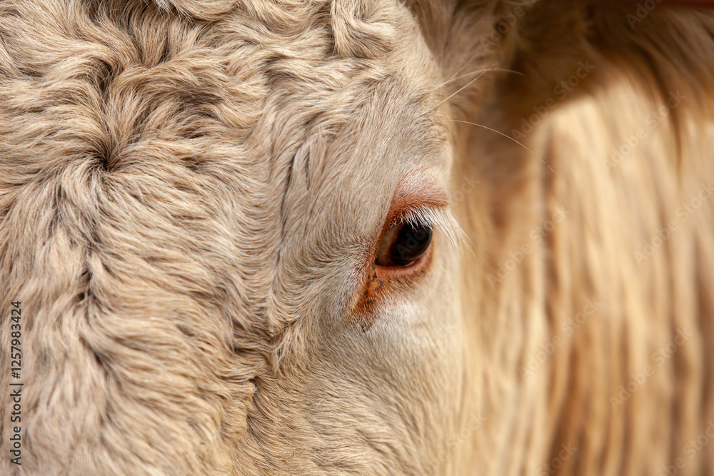 Detailed macro shot of a white Charolais cow's eye reflecting the light inside a barn. Detailed macro shot of a white Charolais cow's eye reflecting the light inside a barn.