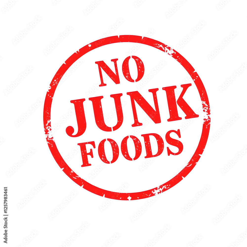 No Junk Foods text stamp red rubber stamp on white background. Generative AI No Junk Foods text stamp red rubber stamp on white background. Generative AI