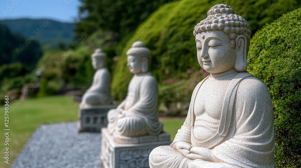 Three light gray stone Buddha statues seated in a lush green garden, with blurred background of hills, outdoor, zen garden style, serene atmosphere Three light gray stone Buddha statues seated in a lush green garden, with blurred background of hills, outdoor, zen garden style, serene atmosphere