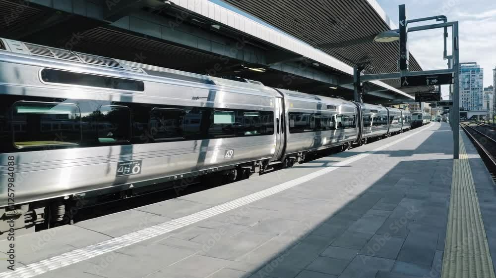 Wide-angle shot of a sleek, modern train at a station, capturing urban travel vibes. Ideal for a travel video emphasizing speed and efficiency. Wide-angle shot of a sleek, modern train at a station, capturing urban travel vibes. Ideal for a travel video emphasizing speed and efficiency.