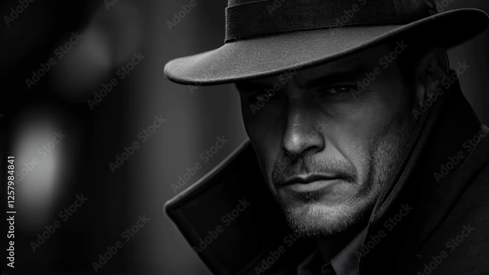Mysterious man in fedora gazing intently in dramatic black and white sequence Mysterious man in fedora gazing intently in dramatic black and white sequence