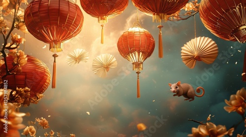 Chinese new year background. 2020 decorative traditional zodiac calendar concept with lanterns and rat symbol, clouds and fans vector poster photo