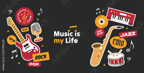 Canvas Print Music instrument stickers, patch, badges