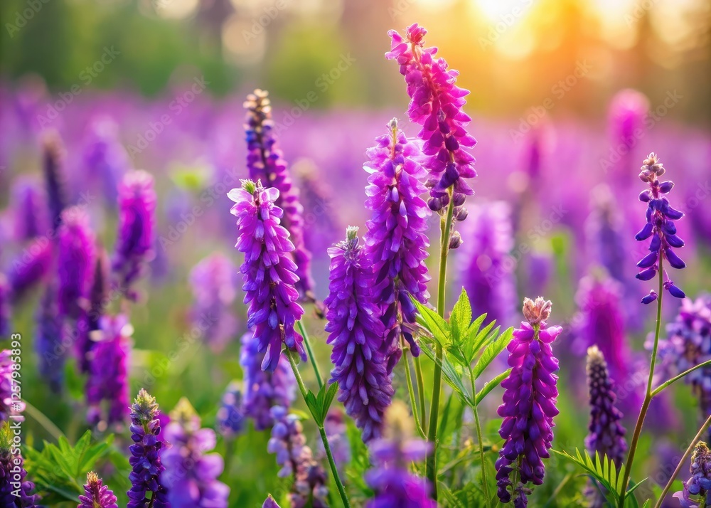 Naklejka premium Spring's vibrant purple wildflowers carpet the meadow, tufted vetch blooming in nature's embrace.