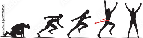 A Silhouette of Runner's Progression From Start to Finish Line,Athlete's Journey to Victory,Race from Start to Finish,Dynamic Runner Silhouettes,Race Progression isolated on white background.