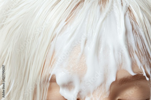 Close up of a model s hair with white creamy product for healthy hair treatment, showcasing emotion and beauty in a minimalistic backdrop photo