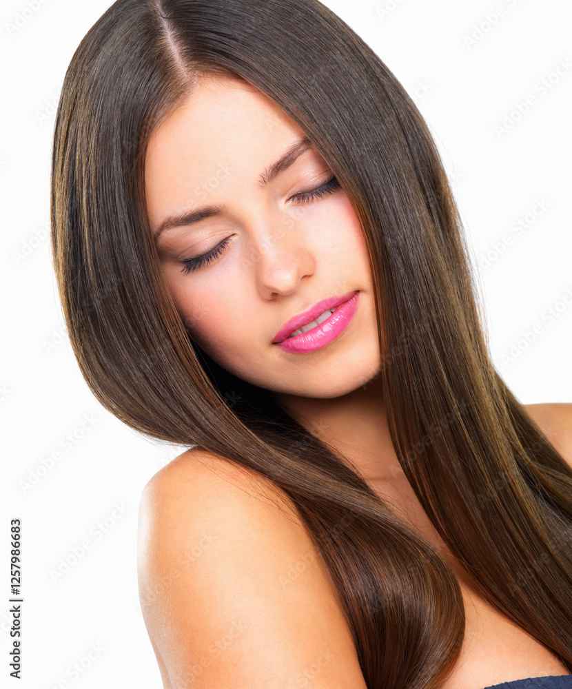 Hair care, beauty and woman shine, cosmetics and confident person isolated on white studio background. Glow, aesthetic and model with healthy scalp, shampoo and volume with closed eyes or treatment